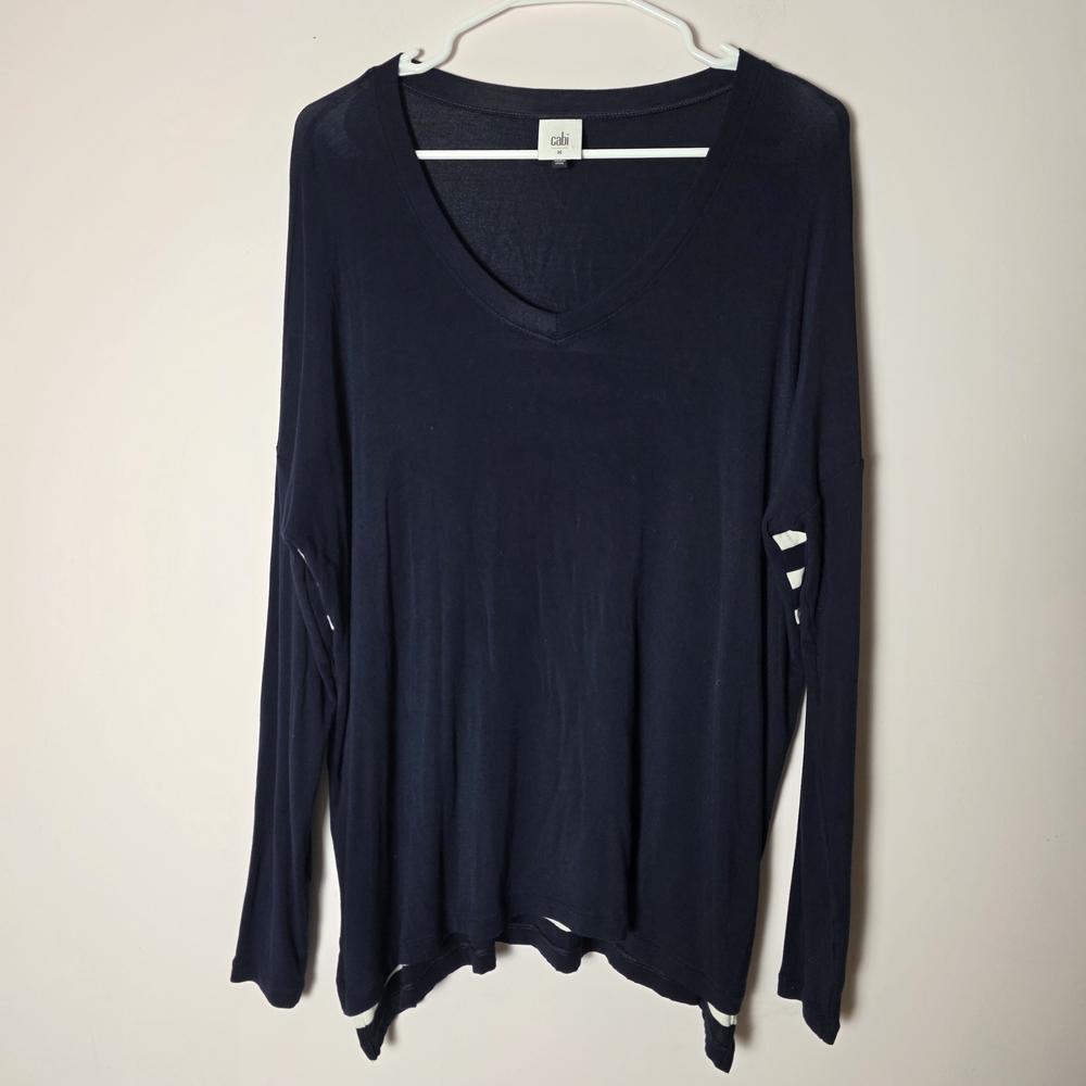 CAbi Lighthouse Tee Medium Navy White Stripe Long Sleeve V-Neck Asymmetrical Top